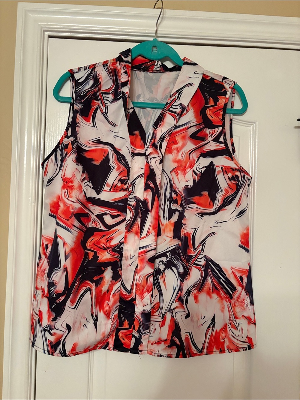 Sleeveless Marble Print V Neck Top - Red, Black & White